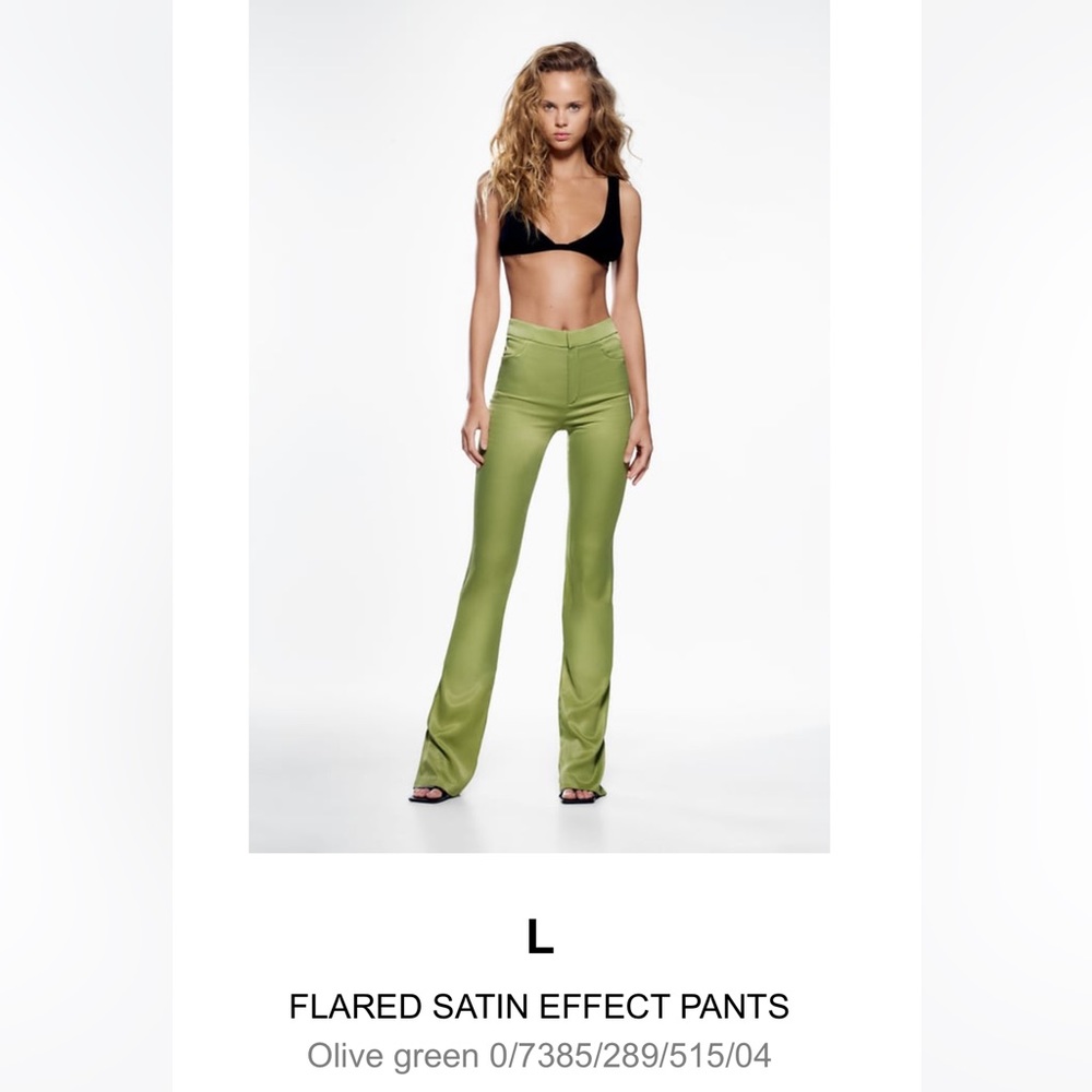 ZARA Flared Satin Effect Pants - Large, Green